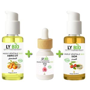 LY BIO PACK HUILE ABRICOT 50ML - POMPE + HUILE ESSENTIEL ROSE 10ML + HUILE SIDR 50ML - POMPE