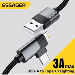 ESSAGER Câble à angle droit USB-A vers Type-C et Lightning, Câble iPhone samsung coudé charge rapide 3A