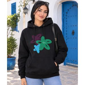 General Sweat à capuche femme noir, 1 pièce, manches longues, imprimé floral multicolore et poche kangourou