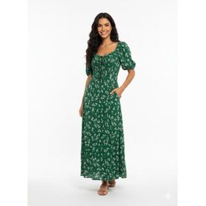 Robe d'été en viscose verte à col Carmen pour femme