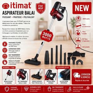 Itimat Aspirateur 10 en 1 3000W – Aspirateur Balai Multifonction Sans Sac, Puissance d’Aspiration 19KPa, Réservoir 2L, Filtre Lavable, Tube en Aluminium, 8 Embouts et Accessoires, Cordon 4m, Aspirateur Sol, Tapis, Canapé, Voiture et Nettoyage Maison