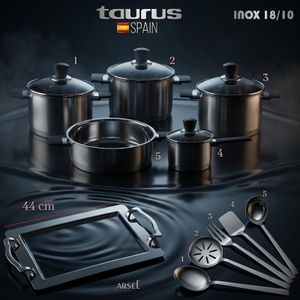 Taurus  Batteries de cuisine Sevilla en inox + Set 5 pcs Usetensiles + Plateau de service rectangulaire 44 CM