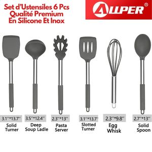 ALLPER Set d’Ustensiles En Silicone Qualité Premium Avec Poignée En INOX 6 Pièces Antiadhésifs