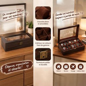 Boîte à montres Vintage 12 Compartiments – Coffret de Rangement Haut de Gamme avec Couvercle, Organisateur pour Bracelets, Colliers, Montres, Bagues et Bijoux, Présentoir Élégant pour Collection et Accessoires
