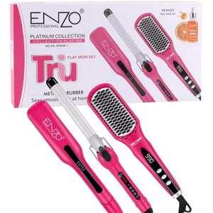 Enzo 3-in-1 Platinum Collection Hair Styling kit - Versatile Hot Air Brush, Straightener, and Curling Iron with Platinum Ceramic Technology-Intl Version (PINK)