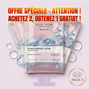 SEOUL GLAM Lot de 3 Masques Tissu SeoulGlam Hyaluronic Acid pour Hydratation Profonde et Peau Repulpée - Masque Visage Hydratant Coréen Haute Qualité - Formule Nourrissante pour Teint Frais et Lumineux
