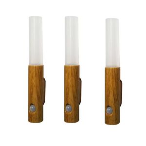 Pack Essentiel de 3 Lampes LED Détecteur de Mouvement PIR Imitation Bois, Sans Fil Rechargeables USB-C, Fixation Magnétique Adhésive, Éclairage Chaleureux pour Escalier, Couloir, Dressing & Chambre