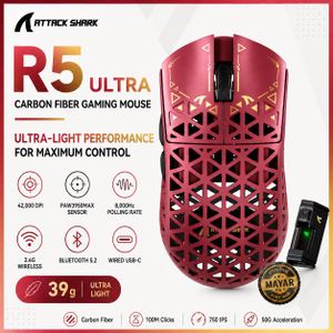 ATTACK SHARK Souris Gaming Sans Fil R5 Ultra Ultralégère 39 g en Fibre de Carbone – Capteur PAW3950MAX 42 000 DPI, Polling Rate 8 000 Hz, Bluetooth 5.2 / 2.4G / USB Filaire, Switches Omron 100 Millions de Clics – Blanche