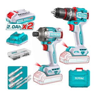 TOTAL Kit visseuse à percussion et perceuse 20 V avec 2 batteries et chargeur