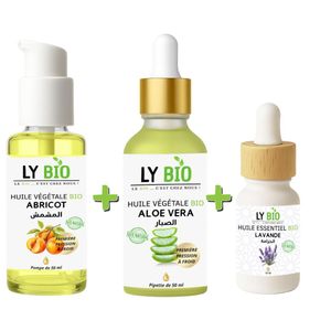 LY BIO PACK HUILE ABRICOT 50ML - POMPE + HUILE ALOE VERA 50ml - PIPETTE + HUILE ESSENTIEL LAVANDE 10ML