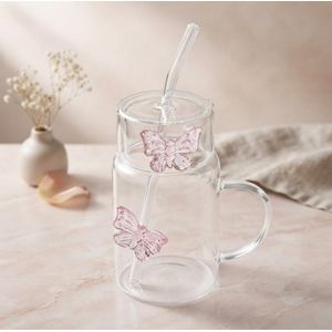 Mug en Verre Borosilicate avec Couvercle et Paille – Design Papillon Rose 3D Élégant – Idéal pour Thé, Café et Jus