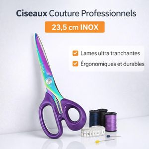 Ciseaux Couture Professionnels 23,5 cm Inox Rainbow Ultra Tranchants Tissu Multi-épaisseurs Ergonomiques
