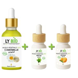 LY BIO PACK HUILE CAMOMILLE 50ML - PIPETTE + HUILE ESSENTIEL MENTHE 10ML + HUILE ESSENTIEL ORANGE 10ML