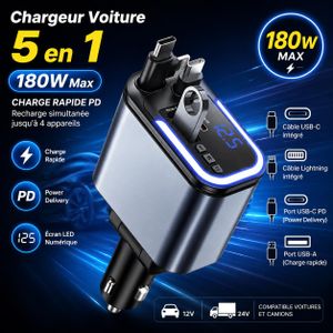 Chargeur Voiture Bluetooth 5 en 1 – MP3 – 180W Max – USB-C & Lightning