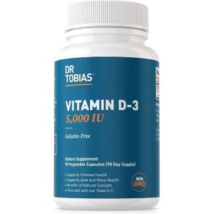 Dr. Tobias Vitamine D3 5000 UI, essentielle pour la santé des os, des dents et du système immunitaire, supplément de vitamine D extra fort, sans OGM, 90 capsules