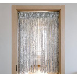 Rideau argenté de porte décoratif à passer-tête à lamelles verticales et à pompons réglables