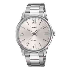 Casio Montre simple et classique avec fond argente - Etanche - Tout en acier inoxydable - MTP-1303DD-7AV