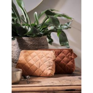 Trousse de Maquillage - Velours Matelassé - Organisateur de Voyage et Cosmétiques - Marron/Beige 21x13x6cm