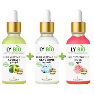 LY BIO PACK HUILE AVOCAT 50ml - PIPETTE + HUILE GLYCERINE 50ml - PIPETTE + HUILE ROSE 50ml - PIPETTE