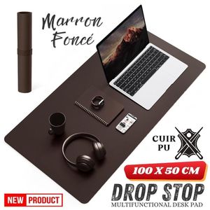 Drop Stop Tapis de bureau (100 * 50cm) Sous-main antidérapant en Cuir PU, imperméable, protège les surfaces, ultra mince, facile à nettoyer, pour ordinateur portable, écriture, bureau, maison, décoration,  (Marron Foncé)