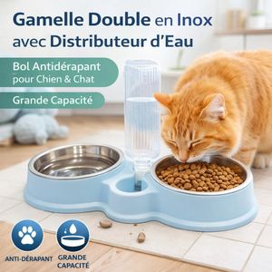 وعاء طعام مزدوج من الستانلس ستيل مع موزع ماء أوتوماتيكي – للقطط والكلاب
