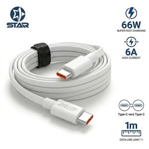 STAR Data Câble de Charge Rapide Type-C vers Type-C 66W 6A, Cordon en TPE Anti-nœuds, 1m - Blanc