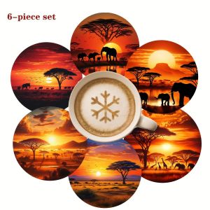 Ensemble de 4-6 sous-verres en bois carton  sur le thème du coucher de soleil africain - Résistant à la chaleur, antidérapant - Convient pour le café, le thé et les bois carton sons - Décoration idéale pour la maison et le bureau, parfait pour les fans,