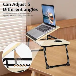 Table Pliante Réglable pour Ordinateur Portable en Bois MDF – Plateau de Lit avec Support Tasse – Hauteur et Inclinaison Ajustables – Bureau Léger pour Travail, Lecture, Petit Déjeuner
