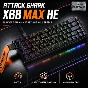 ATTACK SHARK X68 MAX HE – Clavier Gaming Magnétique Hall Effect Filaire USB-C 68 Touches, Châssis Aluminium CNC, Rapid Trigger 0,005 mm, Polling Rate 8000 Hz, Latence 0,08 ms, Activation Réglable 0,1–3,4 mm, RGB et Keycaps PBT