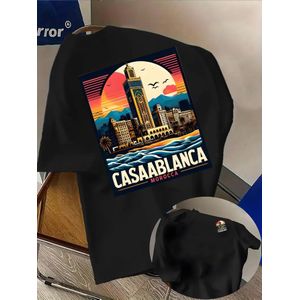 Men'S Fashion 'CASAABLANCA' Architectural Pattern T-Shirt - Casual Streetwear, Regular Fit Short-Sleeve Summer Top, Leisure Outdoor Clothing
