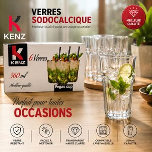 Kenz Lot de 6 Verres 360 ml Verre Sodocalcique Transparent, Vegas Cup