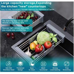 Égouttoir Évier Extensible, Étagère de Rangement Cuisine, Panier Égouttoir Vaisselle et Légumes, Support Évier Multifonction, Rangement Cuisine Gain de Place, Acier Inoxydable