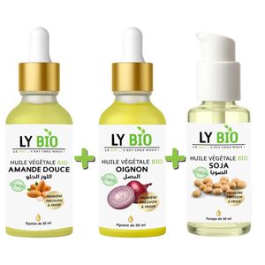 LY BIO PACK HUILE AMANDE DOUCE 50ML - PIPETTE + HUILE OIGNON 50ML - PIPETTE + HUILE SOJA 50ML - POMPE