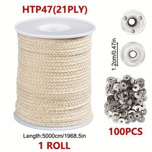 Rouleau de Mèches de Bougie HTP47 (50m) avec 100 Languettes Métalliques – Kit de Fabrication Artisanale, Tissage Serré pour Cire de Soja et Paraffine