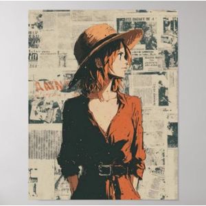 Sticker Mural A4 - Portrait Vintage Femme au Chapeau - Style Collage Journal & Manga - Déco Rétro Chic