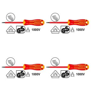 Ingco Lot de 4 - Tournevis Isolé Sl5.5X125 - Pour Électricien - Haute Tension 1000V - Poignée Ergonomique