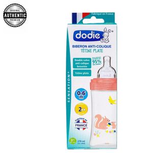 Dodie Biberon Sensation+ 270ml Tétine Débit 2, 0-6 mois, Fushia