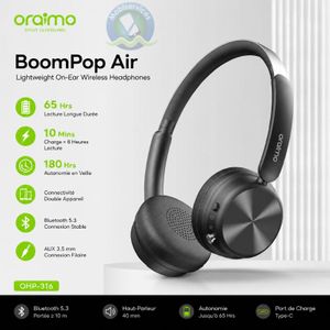 Oraimo   Casque Sans Fil Bluetooth 5.3 Léger BoomPop Air OHP-316  avec 65 Heures d’Autonomie