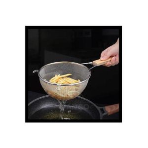 Grande passoire en acier inoxydable à mailles fines et poignée en bois