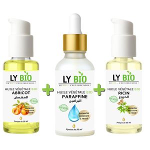 LY BIO PACK HUILE ABRICOT 50ML - POMPE + HUILE PARAFFINE 50ML - PIPETTE + HUILE RICIN 50ml - POMPE