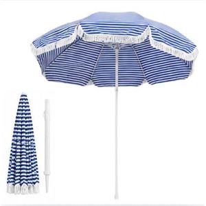 General Parasol de Jardin Rayé Bleu & Blanc avec Franges – Grand Parasol Extérieur Pliable pour Terrasse, Plage, Café & Piscine