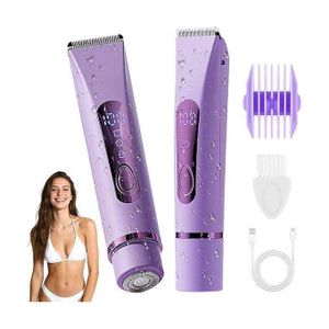 Rasoir électrique 2 en 1 pour femmes - Étanche IPX7, sans fil, avec écran LED, kit de rasage corps et visage avec sabot et brosse de nettoyage, violet