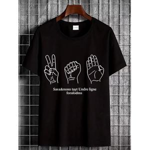 Tenue décontractée avec un t-shirt noir orné de gestes de la main et de textes