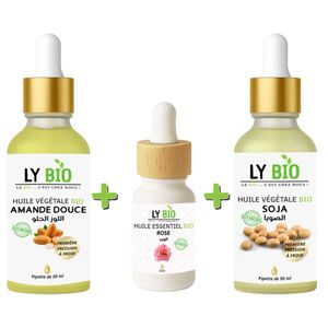 LY BIO PACK HUILE AMANDE DOUCE 50ML - PIPETTE + HUILE ESSENTIEL ROSE 10ML + HUILE SOJA 50ML - PIPETTE