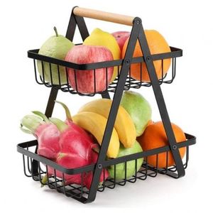 Generic Mini Porte-panier à 2 niveaux en métal, étagère de rangement fruits  et légumes, poignée en bois à prix pas cher