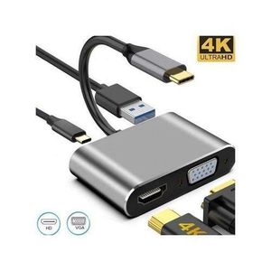 Adaptateur USB-C vers HDMI 4K + VGA + USB 3.0 + USB-C PD – Hub 4 en 1
