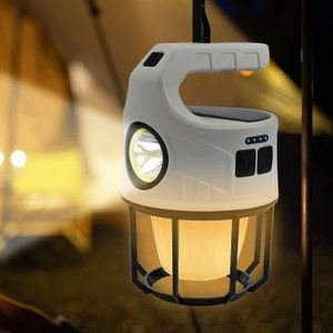 Lampe de Camping LED Solaire Rechargeable USB – Lanterne Multifonction 3 en 1 avec Power Bank, 4 Modes d’Éclairage, Étanche, Lumière d’Urgence pour Camping, Randonnée, Maison