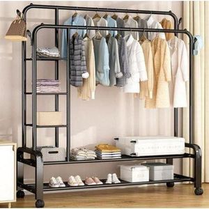Portant à Vêtements Double Barre avec Étagères de Rangement et Roulettes – Métal Robuste – Noir