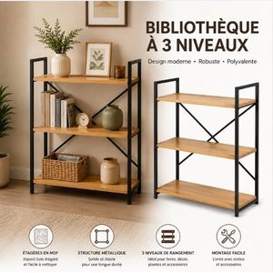 Bibliothèque à 3 Niveaux en Métal et MDF – Étagère de Rangement Moderne pour Salon, Chambre et Bureau – 60 × 84 cm