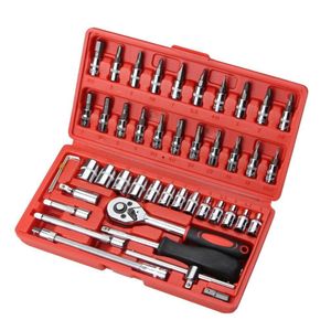 Coffret de cles a douilles 46 pieces 1/4 pouce rouge, Boite d outils de mecanique et bricolage avec cle a clique rallonges et embouts, Kit complet douilles et embouts pour reparation auto moto et maison en mallette